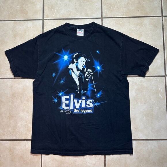 Vintage 90s Elvis Presley The Legend Rock Black Graphic T-Shirt Mens Size Large - Picture 1 of 6
